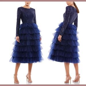 NEW $498 IEENA Mac Duggal [ 8 ] Long Sleeve Ruffle Tiered Midi Dress Blue‎ J113